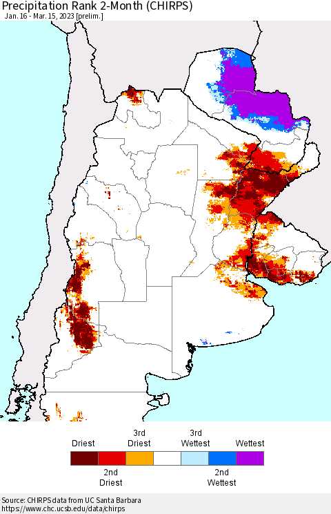 Southern South America Precipitation Rank 2-Month (CHIRPS) Thematic Map For 1/16/2023 - 3/15/2023