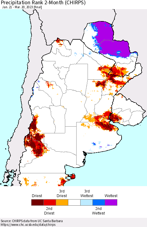Southern South America Precipitation Rank since 1981, 2-Month (CHIRPS) Thematic Map For 1/21/2023 - 3/20/2023