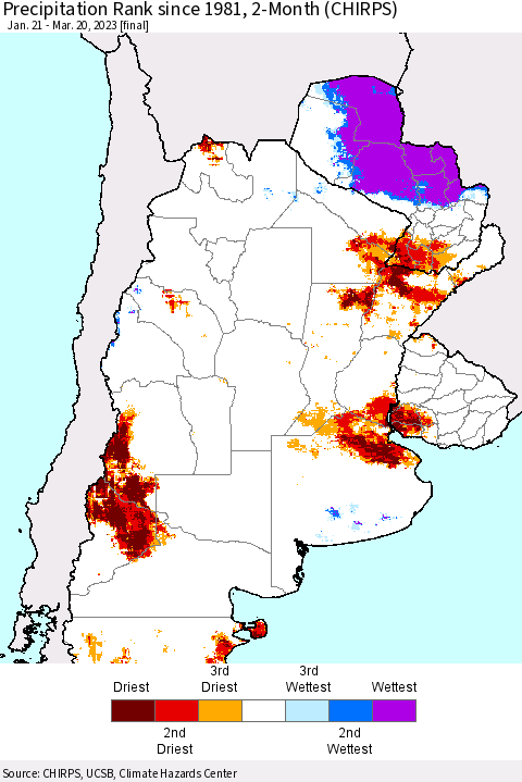 Southern South America Precipitation Rank since 1981, 2-Month (CHIRPS) Thematic Map For 1/21/2023 - 3/20/2023