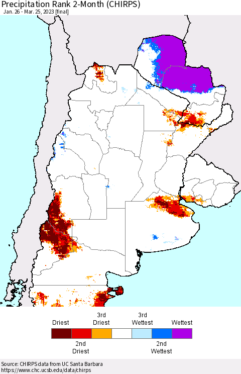 Southern South America Precipitation Rank since 1981, 2-Month (CHIRPS) Thematic Map For 1/26/2023 - 3/25/2023