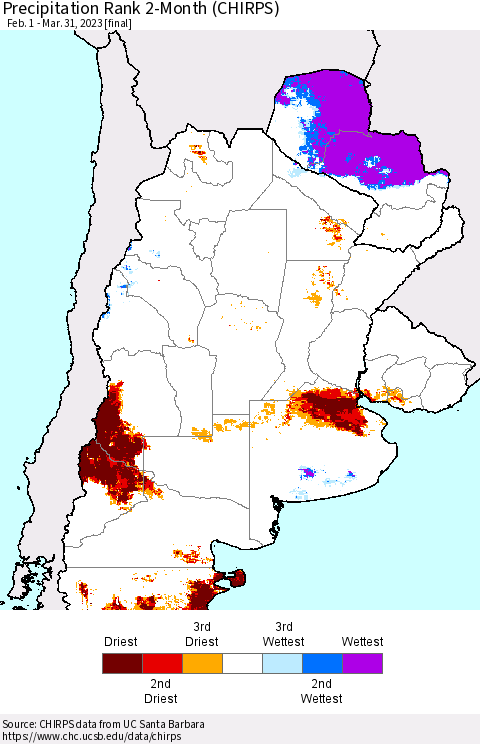 Southern South America Precipitation Rank since 1981, 2-Month (CHIRPS) Thematic Map For 2/1/2023 - 3/31/2023