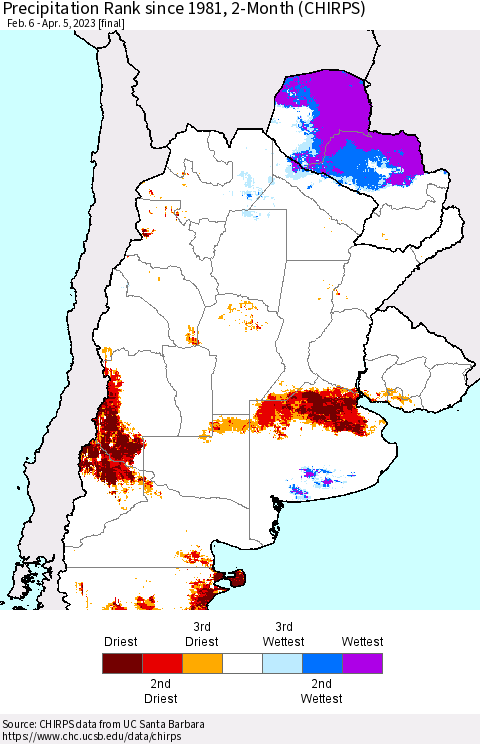 Southern South America Precipitation Rank since 1981, 2-Month (CHIRPS) Thematic Map For 2/6/2023 - 4/5/2023