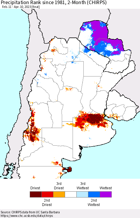 Southern South America Precipitation Rank since 1981, 2-Month (CHIRPS) Thematic Map For 2/11/2023 - 4/10/2023