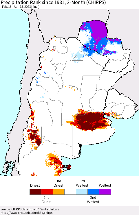 Southern South America Precipitation Rank since 1981, 2-Month (CHIRPS) Thematic Map For 2/16/2023 - 4/15/2023