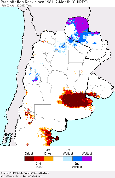 Southern South America Precipitation Rank since 1981, 2-Month (CHIRPS) Thematic Map For 2/21/2023 - 4/20/2023