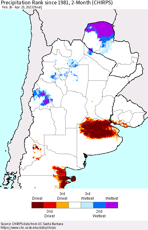 Southern South America Precipitation Rank since 1981, 2-Month (CHIRPS) Thematic Map For 2/26/2023 - 4/25/2023