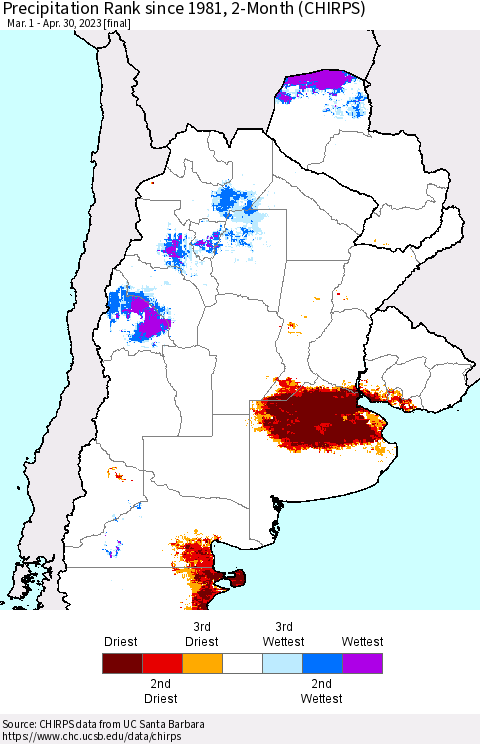 Southern South America Precipitation Rank since 1981, 2-Month (CHIRPS) Thematic Map For 3/1/2023 - 4/30/2023