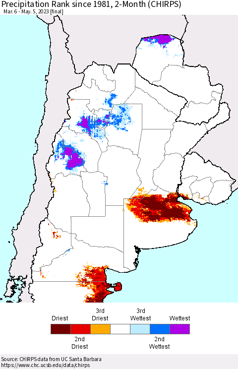 Southern South America Precipitation Rank since 1981, 2-Month (CHIRPS) Thematic Map For 3/6/2023 - 5/5/2023