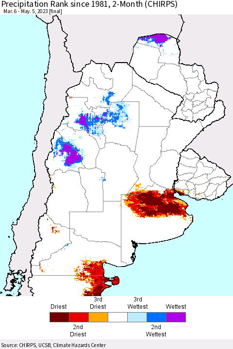 Southern South America Precipitation Rank since 1981, 2-Month (CHIRPS) Thematic Map For 3/6/2023 - 5/5/2023