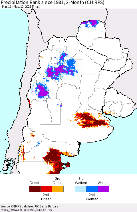 Southern South America Precipitation Rank since 1981, 2-Month (CHIRPS) Thematic Map For 3/11/2023 - 5/10/2023