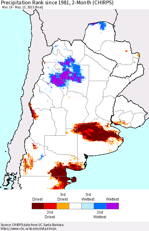 Southern South America Precipitation Rank since 1981, 2-Month (CHIRPS) Thematic Map For 3/16/2023 - 5/15/2023
