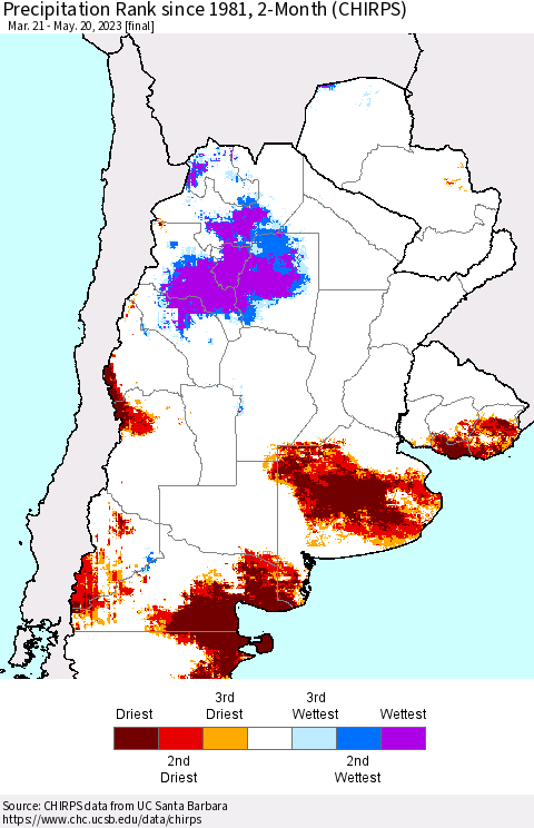 Southern South America Precipitation Rank since 1981, 2-Month (CHIRPS) Thematic Map For 3/21/2023 - 5/20/2023
