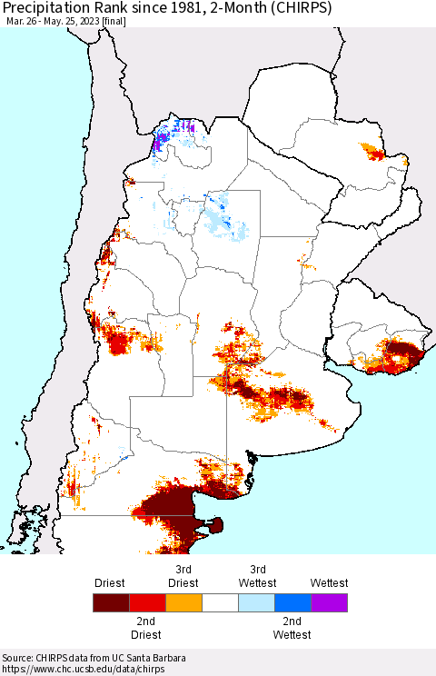 Southern South America Precipitation Rank since 1981, 2-Month (CHIRPS) Thematic Map For 3/26/2023 - 5/25/2023