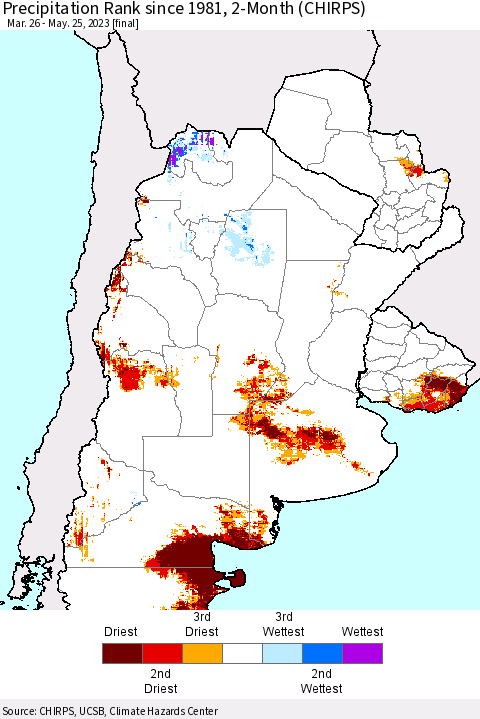 Southern South America Precipitation Rank since 1981, 2-Month (CHIRPS) Thematic Map For 3/26/2023 - 5/25/2023