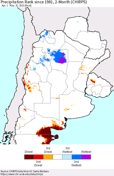 Southern South America Precipitation Rank since 1981, 2-Month (CHIRPS) Thematic Map For 4/1/2023 - 5/31/2023