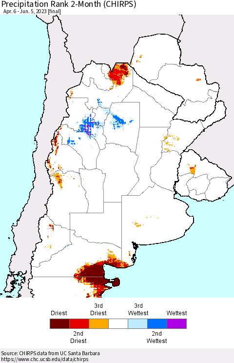 Southern South America Precipitation Rank since 1981, 2-Month (CHIRPS) Thematic Map For 4/6/2023 - 6/5/2023