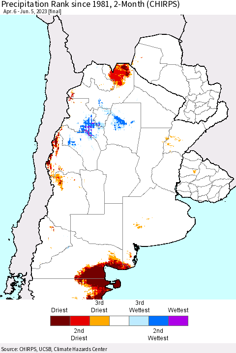 Southern South America Precipitation Rank since 1981, 2-Month (CHIRPS) Thematic Map For 4/6/2023 - 6/5/2023