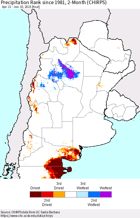 Southern South America Precipitation Rank since 1981, 2-Month (CHIRPS) Thematic Map For 4/11/2023 - 6/10/2023