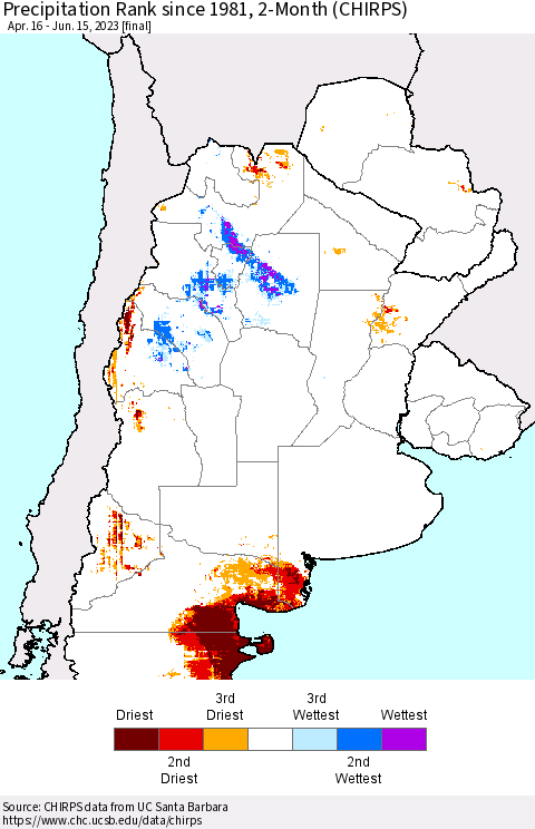 Southern South America Precipitation Rank since 1981, 2-Month (CHIRPS) Thematic Map For 4/16/2023 - 6/15/2023