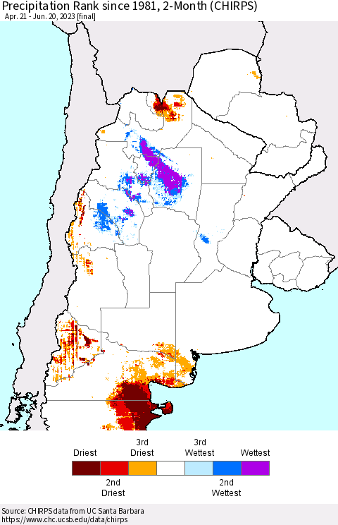 Southern South America Precipitation Rank since 1981, 2-Month (CHIRPS) Thematic Map For 4/21/2023 - 6/20/2023