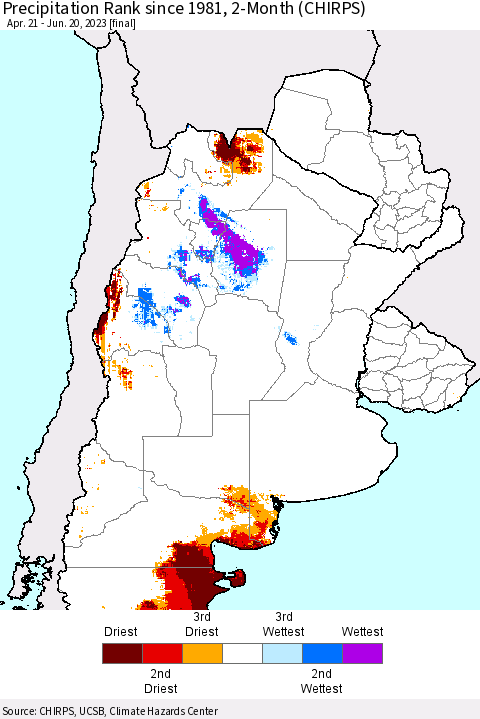 Southern South America Precipitation Rank since 1981, 2-Month (CHIRPS) Thematic Map For 4/21/2023 - 6/20/2023