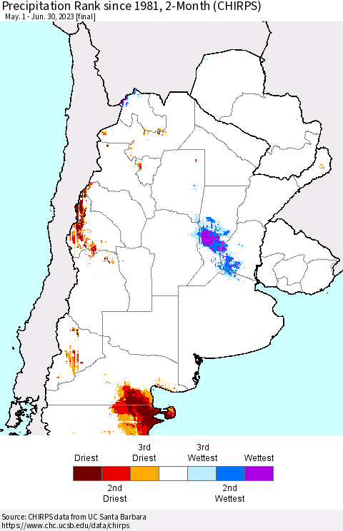 Southern South America Precipitation Rank since 1981, 2-Month (CHIRPS) Thematic Map For 5/1/2023 - 6/30/2023
