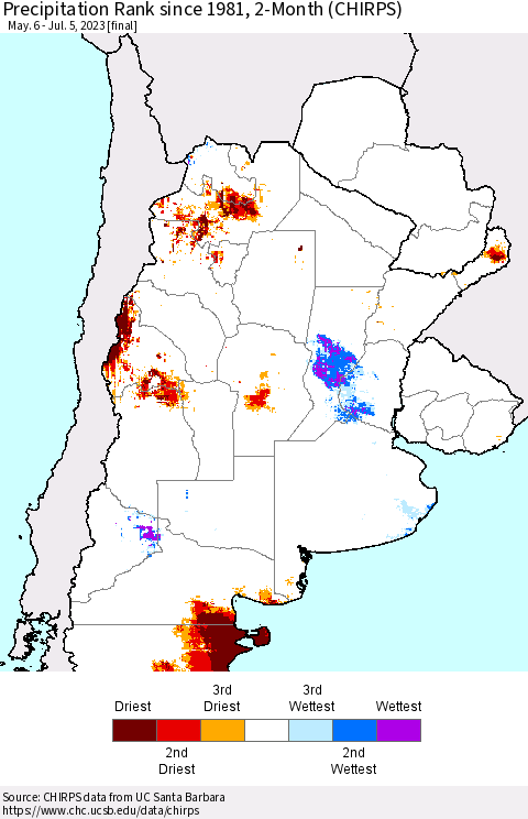 Southern South America Precipitation Rank since 1981, 2-Month (CHIRPS) Thematic Map For 5/6/2023 - 7/5/2023