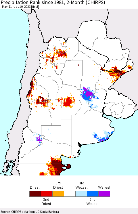 Southern South America Precipitation Rank since 1981, 2-Month (CHIRPS) Thematic Map For 5/11/2023 - 7/10/2023