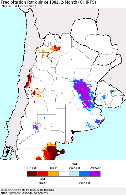 Southern South America Precipitation Rank since 1981, 2-Month (CHIRPS) Thematic Map For 5/16/2023 - 7/15/2023