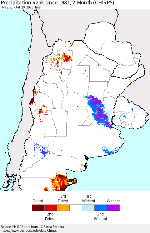 Southern South America Precipitation Rank since 1981, 2-Month (CHIRPS) Thematic Map For 5/21/2023 - 7/20/2023