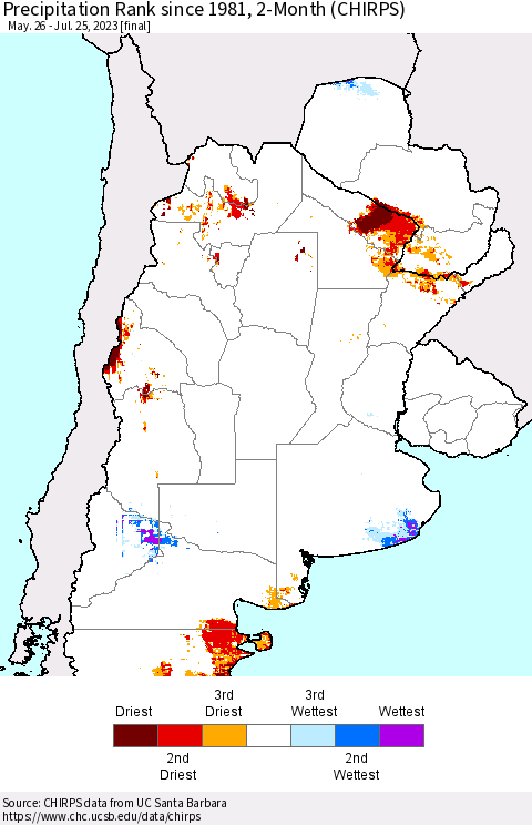 Southern South America Precipitation Rank since 1981, 2-Month (CHIRPS) Thematic Map For 5/26/2023 - 7/25/2023