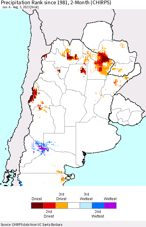 Southern South America Precipitation Rank since 1981, 2-Month (CHIRPS) Thematic Map For 6/6/2023 - 8/5/2023