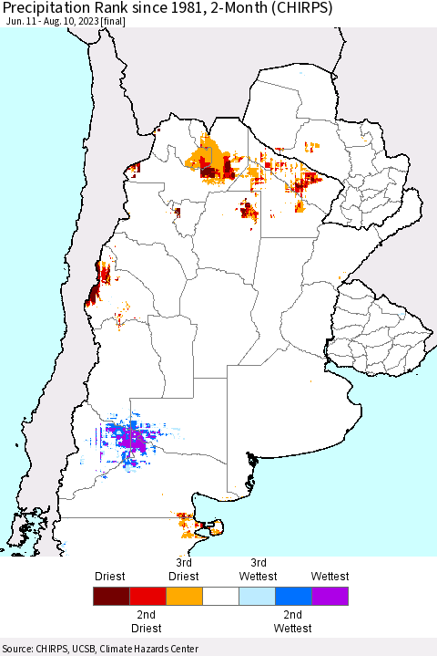 Southern South America Precipitation Rank since 1981, 2-Month (CHIRPS) Thematic Map For 6/11/2023 - 8/10/2023