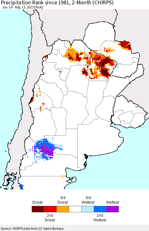 Southern South America Precipitation Rank since 1981, 2-Month (CHIRPS) Thematic Map For 6/16/2023 - 8/15/2023