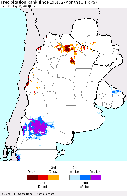 Southern South America Precipitation Rank since 1981, 2-Month (CHIRPS) Thematic Map For 6/21/2023 - 8/20/2023