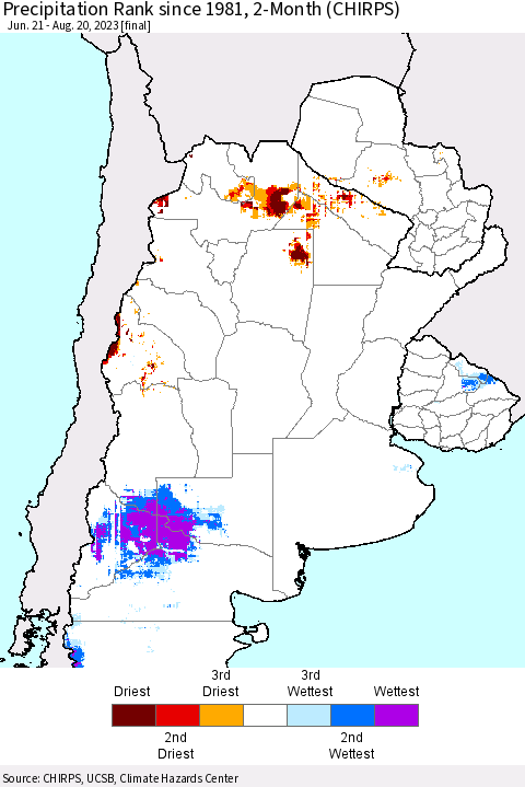 Southern South America Precipitation Rank since 1981, 2-Month (CHIRPS) Thematic Map For 6/21/2023 - 8/20/2023