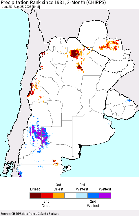 Southern South America Precipitation Rank since 1981, 2-Month (CHIRPS) Thematic Map For 6/26/2023 - 8/25/2023