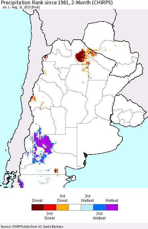 Southern South America Precipitation Rank since 1981, 2-Month (CHIRPS) Thematic Map For 7/1/2023 - 8/31/2023