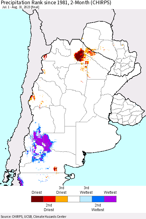 Southern South America Precipitation Rank since 1981, 2-Month (CHIRPS) Thematic Map For 7/1/2023 - 8/31/2023