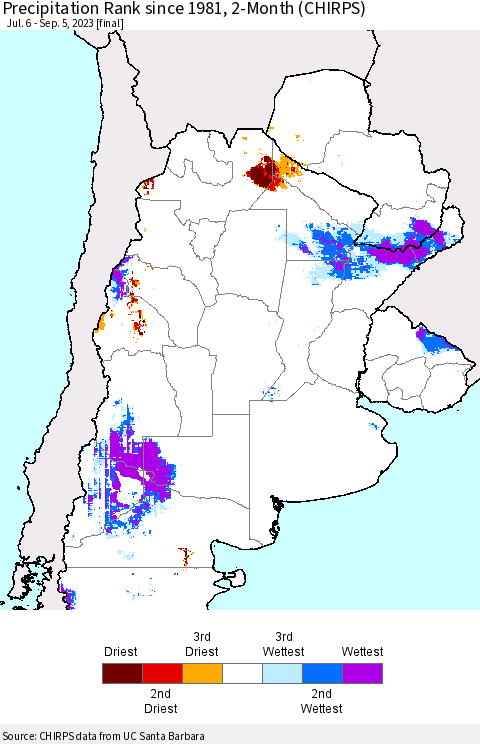 Southern South America Precipitation Rank since 1981, 2-Month (CHIRPS) Thematic Map For 7/6/2023 - 9/5/2023