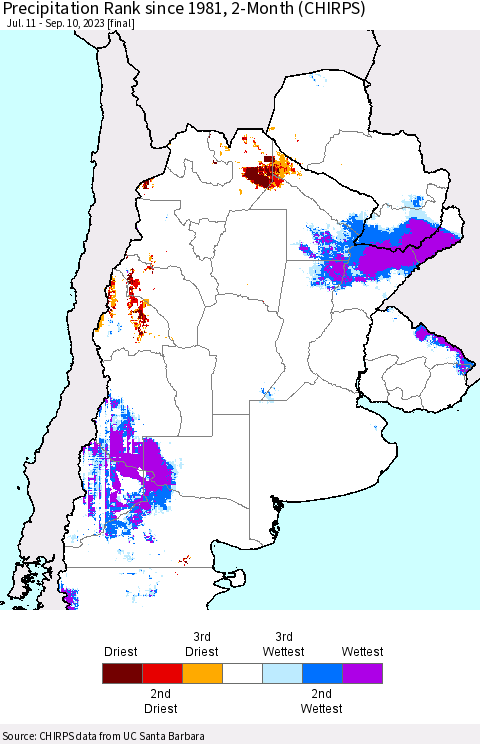 Southern South America Precipitation Rank since 1981, 2-Month (CHIRPS) Thematic Map For 7/11/2023 - 9/10/2023