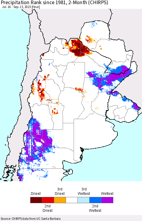 Southern South America Precipitation Rank since 1981, 2-Month (CHIRPS) Thematic Map For 7/16/2023 - 9/15/2023