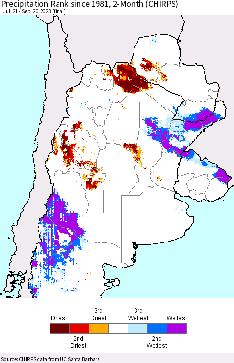 Southern South America Precipitation Rank since 1981, 2-Month (CHIRPS) Thematic Map For 7/21/2023 - 9/20/2023