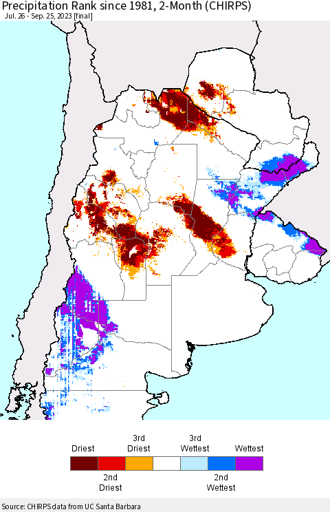 Southern South America Precipitation Rank since 1981, 2-Month (CHIRPS) Thematic Map For 7/26/2023 - 9/25/2023