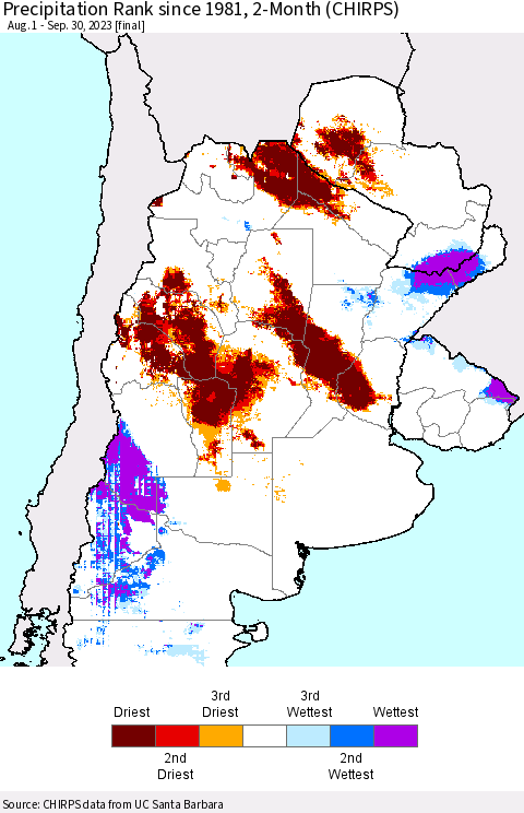 Southern South America Precipitation Rank since 1981, 2-Month (CHIRPS) Thematic Map For 8/1/2023 - 9/30/2023