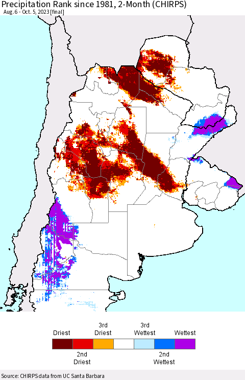 Southern South America Precipitation Rank since 1981, 2-Month (CHIRPS) Thematic Map For 8/6/2023 - 10/5/2023