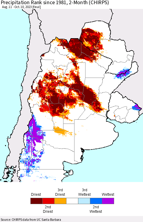 Southern South America Precipitation Rank since 1981, 2-Month (CHIRPS) Thematic Map For 8/11/2023 - 10/10/2023