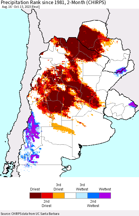 Southern South America Precipitation Rank since 1981, 2-Month (CHIRPS) Thematic Map For 8/16/2023 - 10/15/2023