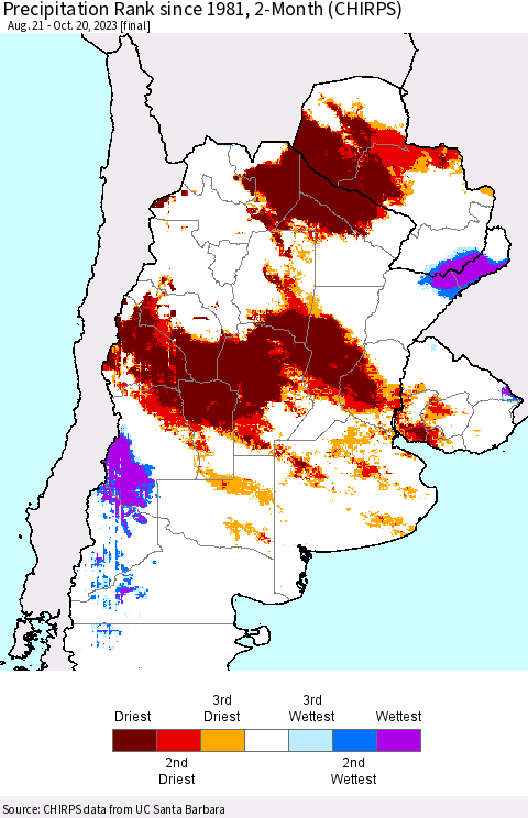 Southern South America Precipitation Rank since 1981, 2-Month (CHIRPS) Thematic Map For 8/21/2023 - 10/20/2023