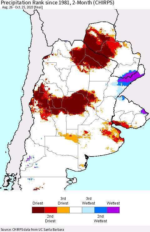 Southern South America Precipitation Rank since 1981, 2-Month (CHIRPS) Thematic Map For 8/26/2023 - 10/25/2023